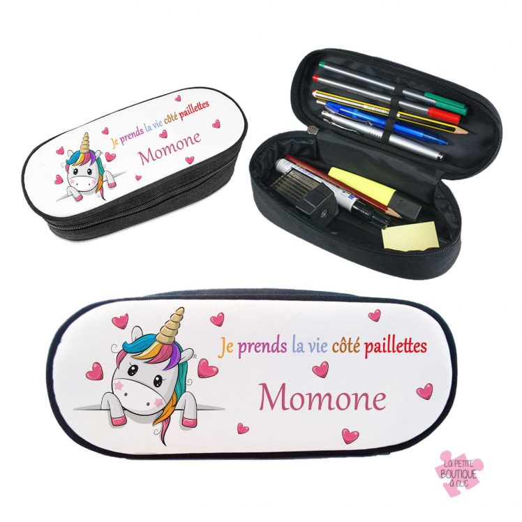 Trousse écolier style plumier licorne personnalisable prénom