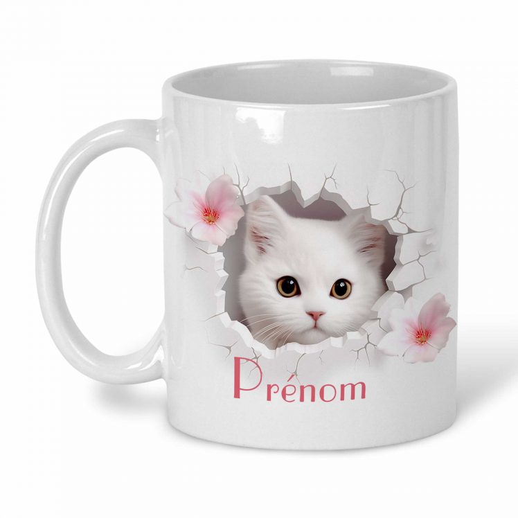 mug personnalisé effet 3D chat blanc