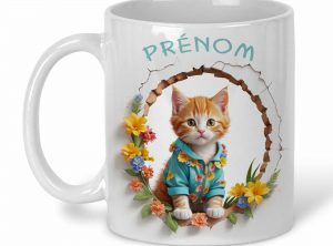 Le mug est décoré d’un mignon petit chaton en pyjama bleu avec des fleurs donnant l’impression de sortir d’un trou dans le mur.