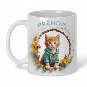 Le mug est décoré d’un mignon petit chaton en pyjama bleu avec des fleurs donnant l’impression de sortir d’un trou dans le mur.